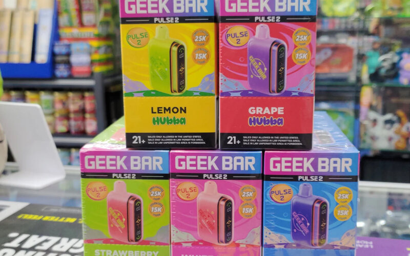 Geek Bar Pulse 2 disposables stacked on the counter at Rafi Smoke Shop.